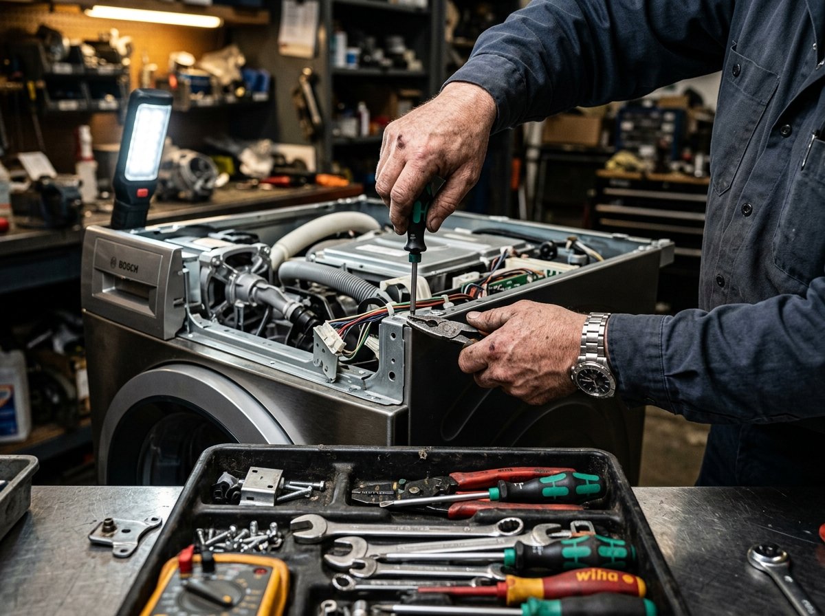 Experienced technicians repairing washing machine